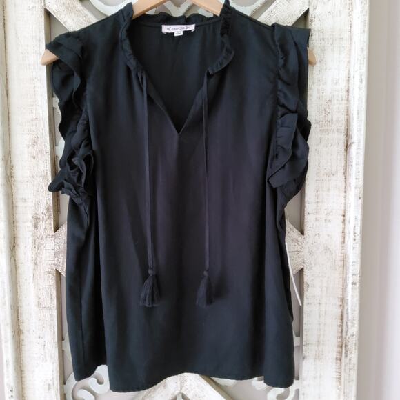 Nanette Lepore Women's Flutter Sleeve Ruffle Neck V-Neck Pullover Top in Black - Picture 6 of 8